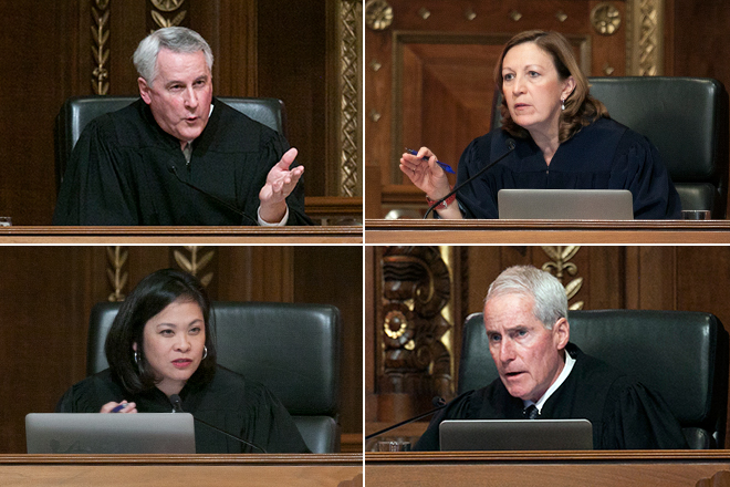 Image of Eighth District Court of Appeals Judge J. Timothy McCormack, Tenth District Court of Appeals Judge Jennifer L. Brunner, Eleventh District Court of Appeals Judge Timothy P. Cannon, and Fourth District Court of Appeals Judge Marie C. Moraleja Hoover Image of Eighth District Court of Appeals Judge J. Timothy McCormack, Tenth District Court of Appeals Judge Jennifer L. Brunner, Eleventh District Court of Appeals Judge Timothy P. Cannon, and Fourth District Court of Appeals Judge Marie C. Moraleja Hoover
