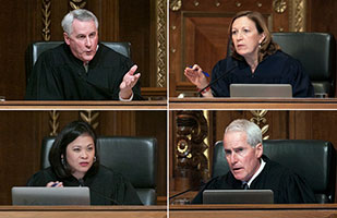 Image of Eighth District Court of Appeals Judge J. Timothy McCormack, Tenth District Court of Appeals Judge Jennifer L. Brunner, Eleventh District Court of Appeals Judge Timothy P. Cannon, and Fourth District Court of Appeals Judge Marie C. Moraleja Hoover