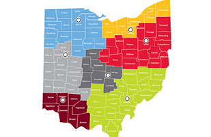 Image of an Ohio county map with forum locations identified