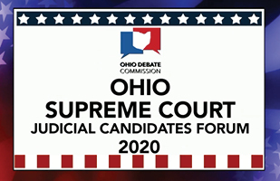 Image of a red, white, and blue graphic with the words 'Ohio Supreme Court Judicial Candidates Forum 2020'