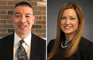 Side-by-side images of a man wearing a suit and a woman wearing a judicial robe