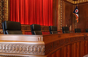 Image of  stainless steel gavel outside of the Thomas J. Moyer Ohio Judicial Center