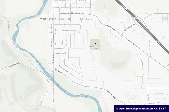 Image of a magnified map of the city of Harrison northwest of Cincinnati on the Ohio-Indiana border. Image of a magnified map of the city of Harrison northwest of Cincinnati on the Ohio-Indiana border.
