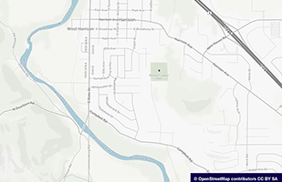 Image of a magnified map of the city of Harrison northwest of Cincinnati on the Ohio-Indiana border.