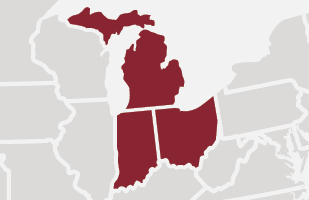 Image showing a light grey map of the United States with Ohio, Indiana, and Michigan colored red.