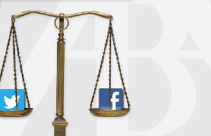 Image of the scales of justice on the left with the Twitter logo resting on the left side of the scale and the Facebook logo resting on the right side of the scale. In the background of the image are the letters A-B-A for the American Bar Association.