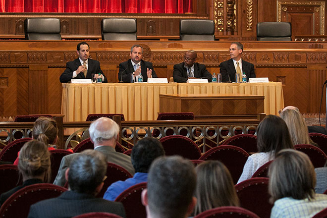 Image of the panel of Ohio legal professionals Alan Michaels, Timothy Young, David Singleton, and Hon. Nick Selvaggio