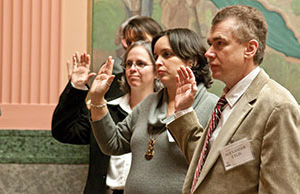 Some of the first court interpreters certified in Ohio take their oaths during a 2011 ceremony at the Thomas J. Moyer Ohio Judicial Center.