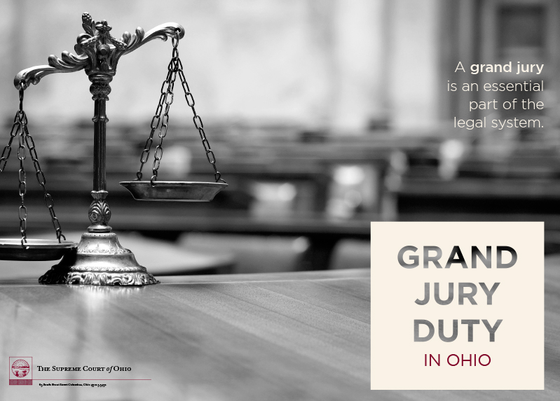 Image of the cover of the Grand Jury brochure depicting the scales of justice on a table
