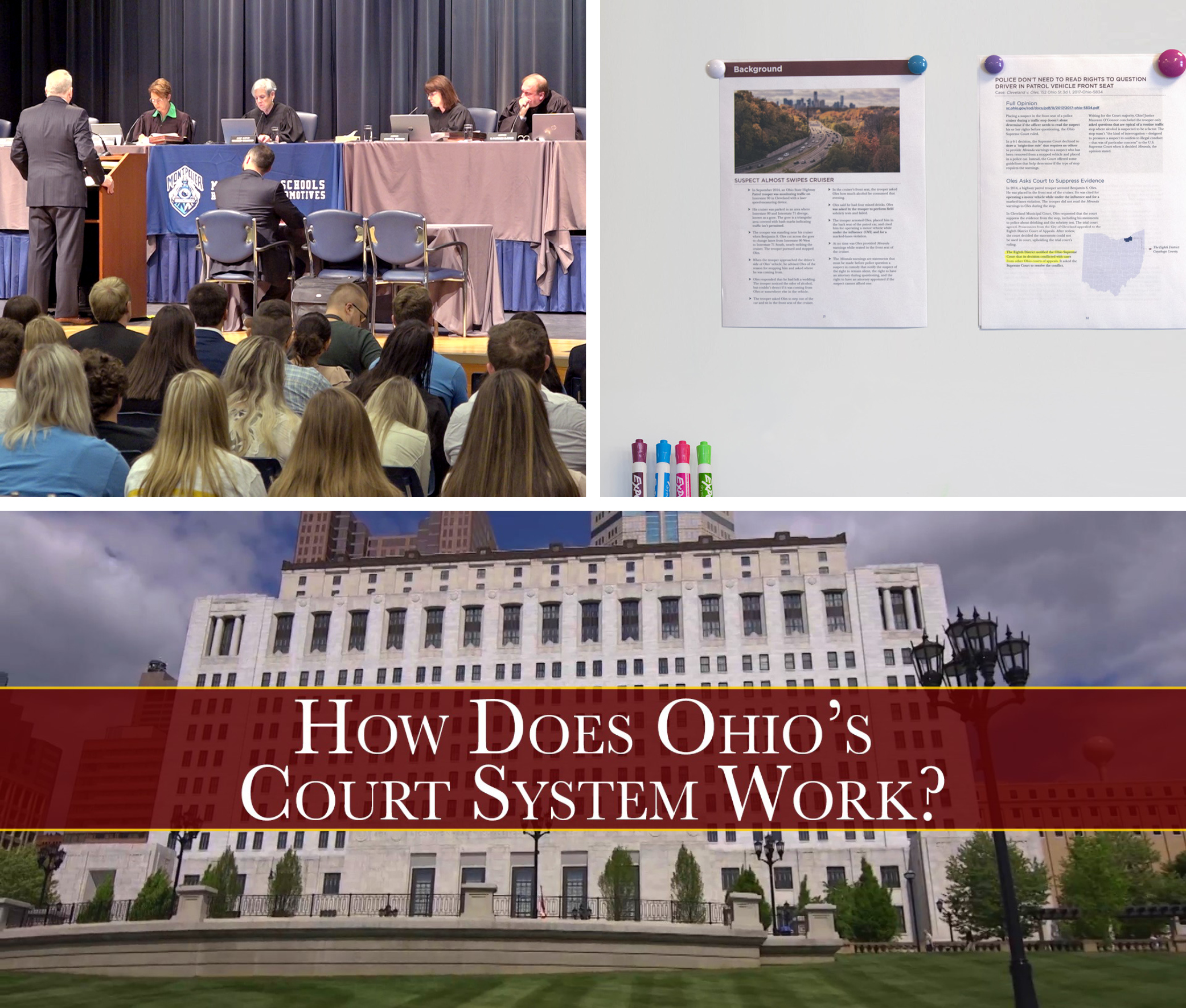 Images including (top left) Ohio Supreme Court Justices listening to an attorney present oral arguments during Off-Site Court at Montpelier High School in Williams County, Ohio; (top right) an image of a white board with two documents displayed with magnets; and (bottom) an image of the Thomas J. Moyer Ohio Judicial Center with the words 'How Does Ohio's Court System Work?' superimposed on top of it