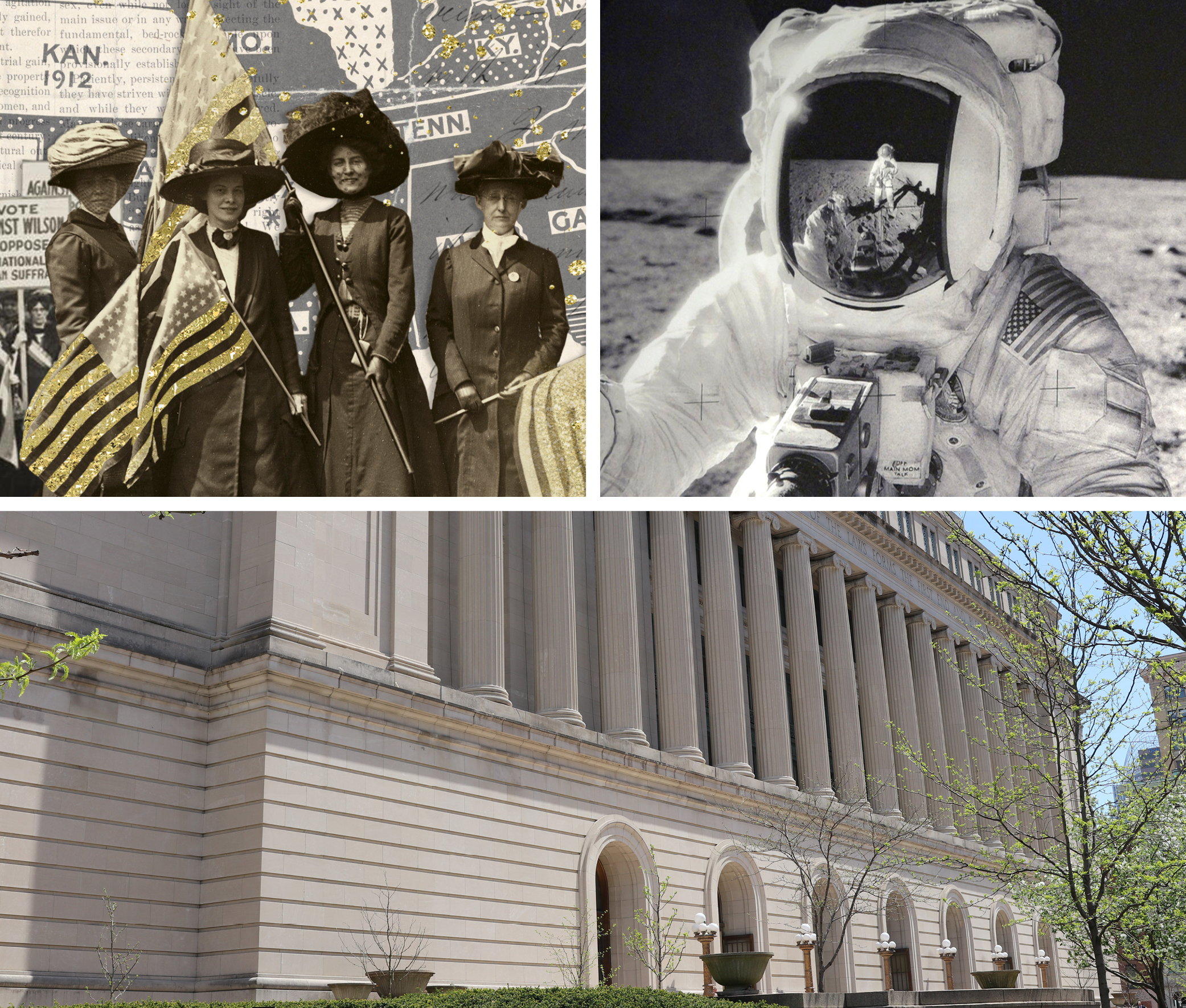 Images including (top left) historic image of women protesting for their right to vote; (top right) image of an astronaut on the moon; and (bottom) an image of the Hamilton County, Ohio courthouse