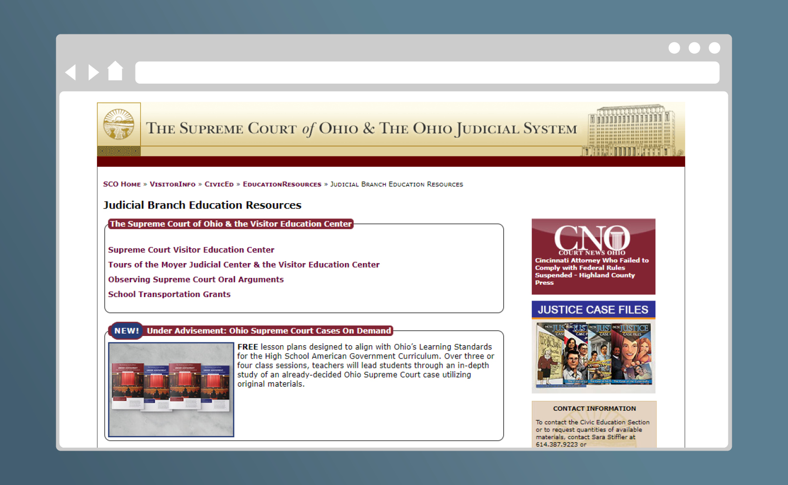 Image a screenshot of the Judicial Branch Education Resources page on the Ohio Supreme Court website
