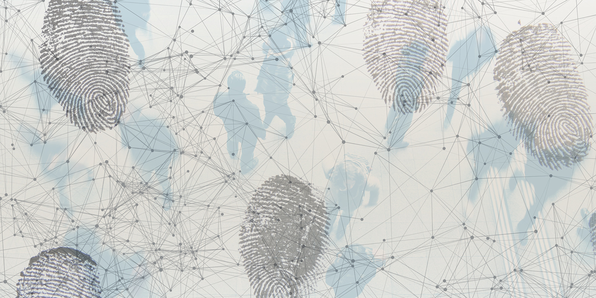 Image containing several fingerprints with lines and dots identifying fingerprint patterns superimposed over silhouette images of people