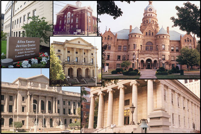 Courthouses across Ohio are welcoming new judges this month, including (clockwise from top left): Allen County Court of Common Pleas, Pike County Court, Lorain County Common Pleas Court, Trumbull County Court, Montgomery County Common Pleas Court, Eighth District Court of Appeals (Cuyahoga County courthouse).