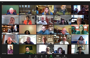 Image is of a screenshot of a webinar showing 25 people in separate screens.