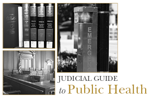 The image includes three smaller images, of law books on a shelf, a courtroom bench, and an emergency sign typically seen outside of a hospital