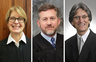 Image of 3 separate photos of judges, including a woman on the left and two men to the right