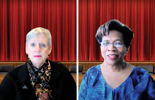 Image of side-by-side head shot photos of Chief Justice Maureen O'Connor on the left and Justice Melody Stewart on the right, in individual video conference windows