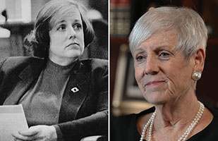 Side-by-side images of Ohio Supreme Court Chief Justice Maureen O'Connor - one taken early in her career, and one taken during her final term on the bench