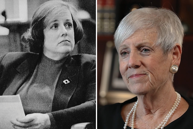 Side-by-side images of Ohio Supreme Court Chief Justice Maureen O'Connor - one taken early in her career, and one taken during her final term on the bench