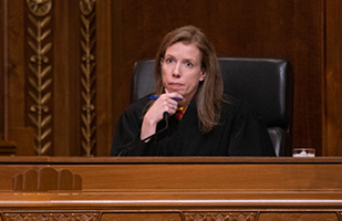Image of Judge Christine Mayle, a blonde, Caucasian woman in a black judicial robe, sitting on a judicial bench.