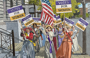 Image of a painting of women from the mid-19th century carrying signs of support for women's suffrage.