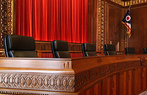 Image of the empty bench in the Ohio Supreme Court courtroom in the Thomas J. Moyer Ohio Judicial Center