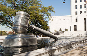 Image of stainless steel gavel outside of the Thomas J. Moyer Ohio Judicial Center