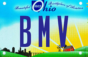 Image of an Ohio license plate with the letters 'BMV' on it