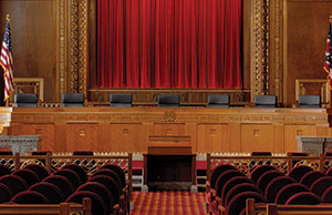 Image of an empty Supreme Court of Ohio courtroom in the Thomas J. Moyer Ohio Judicial Center