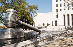 Image of the giant gavel in the south plaza of the Thomas J. Moyer Ohio Judicial Center