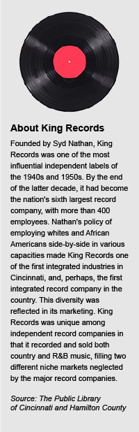 Image of a vinyl record above text that talks about the history of King Records