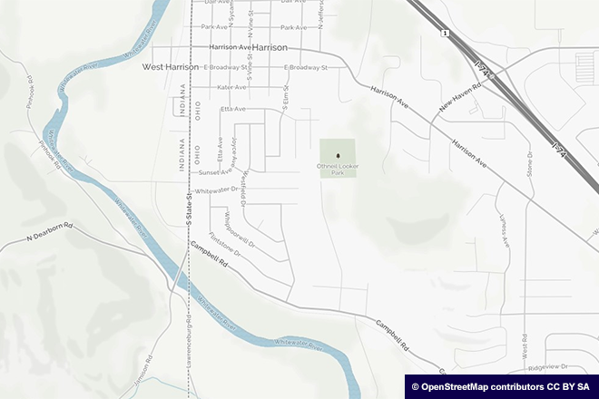 Image of a magnified map of the city of Harrison northwest of Cincinnati on the Ohio-Indiana border.