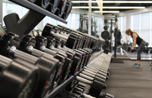 Image of a close-up view of a row of dumbbells on a rack inside a gym