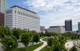 Image of the west side of the Thomas J. Moyer Ohio Judicial Center along the Scioto Mile and the banks of the Scioto river