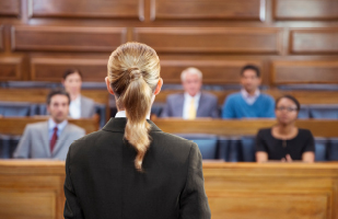 Image of a woman with long blond hair, tied back in a ponytail, wearing a black blazer. Her back is to the camera and she is facing two men and a woman seated in a courtroom.