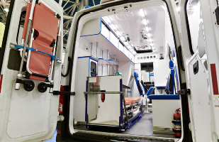 The inside of an ambulance.