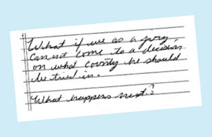 A hand-written note on lined notebook paper.