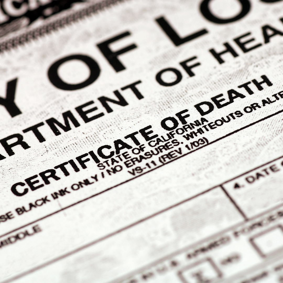 A close-up view of a death certificate.