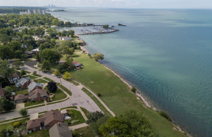 Aerial view of lakefront homes.