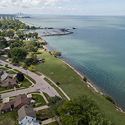 Aerial view of lakefront homes.