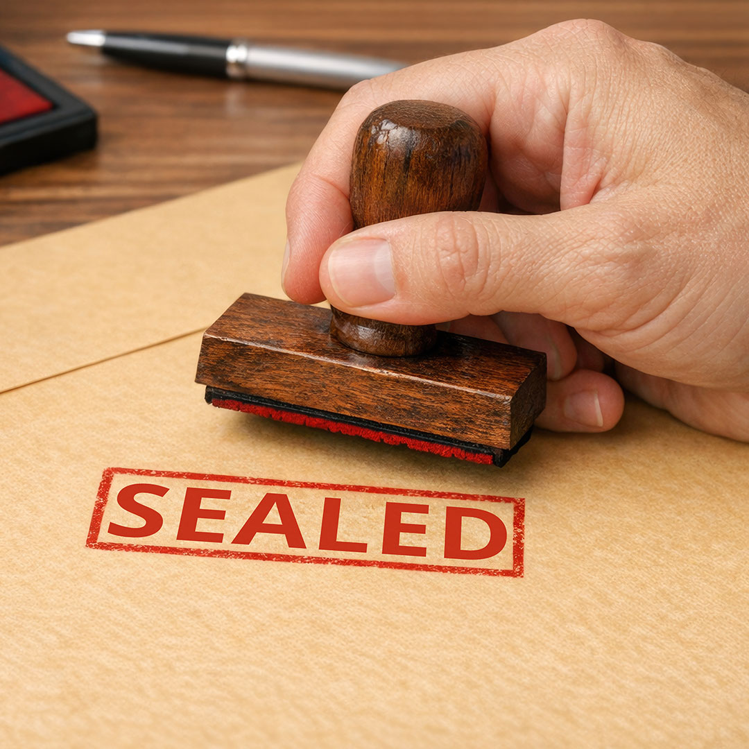 A wooden gavel with a brass band resting on a round wooden block, against a light-colored weathered wood background.