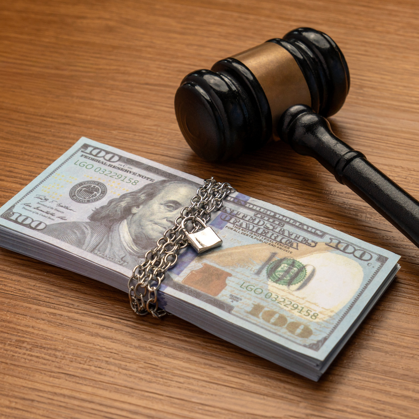 A stack of hundred-dollar bills wrapped in a silver chain with a small padlock next to a black judge's gavel on a wooden background.