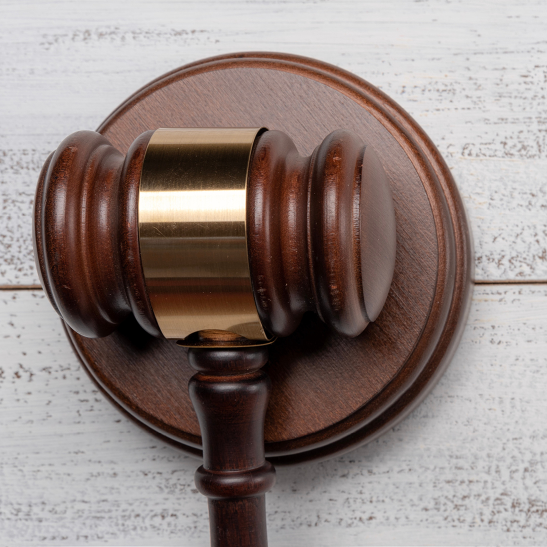 An overhead close-up shows a dark wooden gavel resting on its matching circular sound block, positioned against a rustic, white-painted wooden plank background.