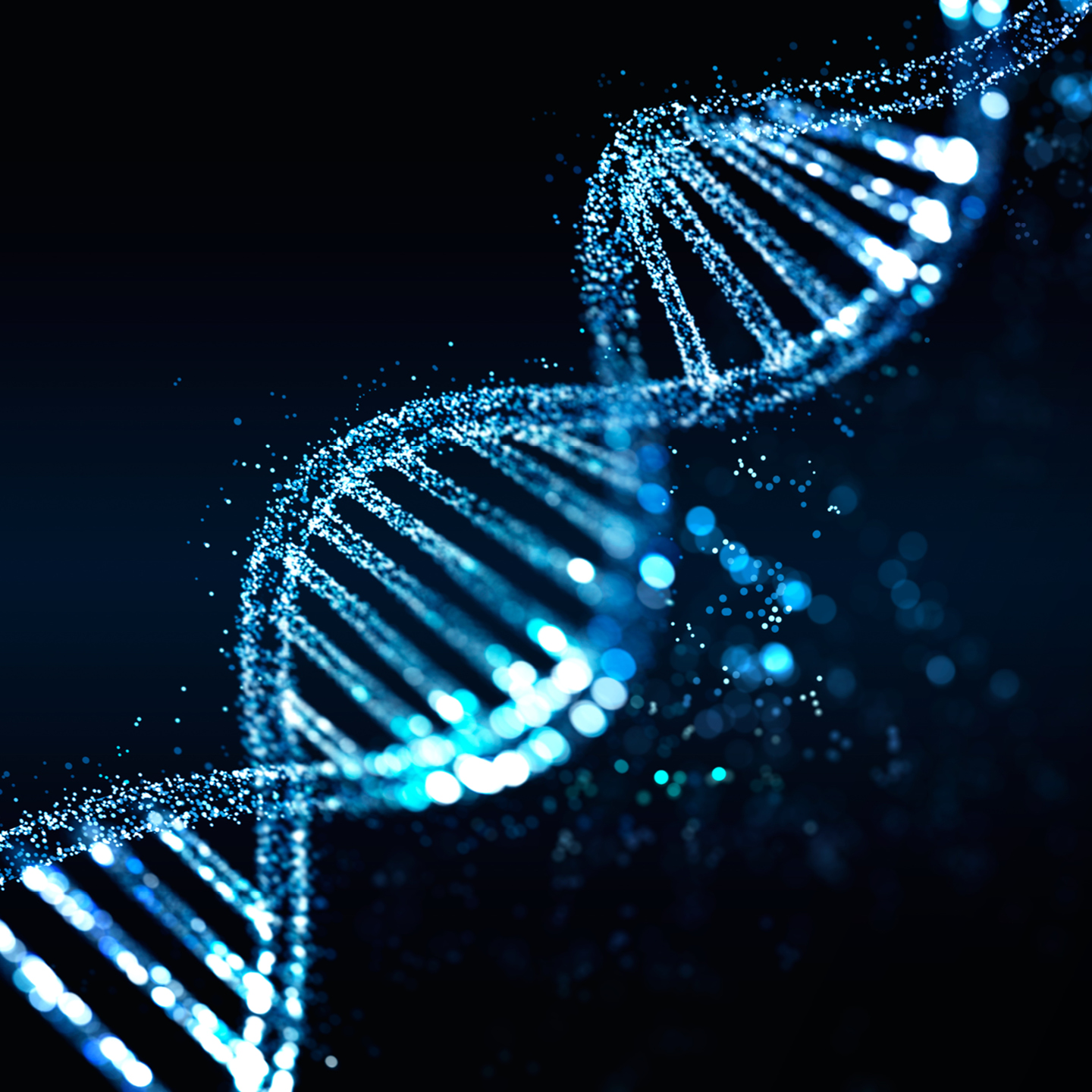 An elegant, abstract 3D illustration of a DNA double helix made of glowing blue particles, set against a dark background.