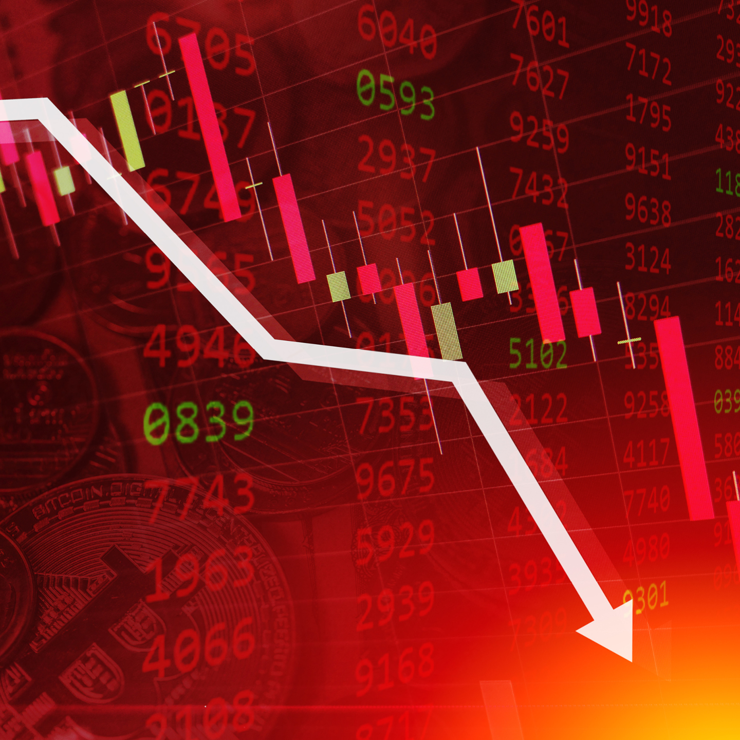A dramatic financial stock market chart overlaying a dark red background with glowing digital numbers.