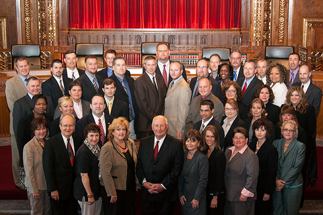 Ohio Supreme Court Justice Paul E. Pfeifer (front, center) spoke at the graduation ceremony for the Court Management Program class of 2012. Ohio Supreme Court Justice Paul E. Pfeifer (front, center) spoke at the graduation ceremony for the Court Management Program class of 2012.
