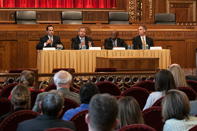 Image of the panel of Ohio legal professionals Alan Michaels, Timothy Young, David Singleton, and Hon. Nick Selvaggio Image of the panel of Ohio legal professionals Alan Michaels, Timothy Young, David Singleton, and Hon. Nick Selvaggio