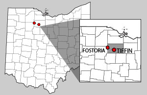 Image of a map of Ohio counties with the cities of Tiffin and Fostoria highlighted Image of a map of Ohio counties with the cities of Tiffin and Fostoria highlighted