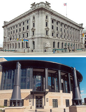 Image of The Howard M. Metzenbaum U.S. Courthouse in Cleveland and the Nathanial R. Jones Federal Building and U.S. Courthouse in Youngstown